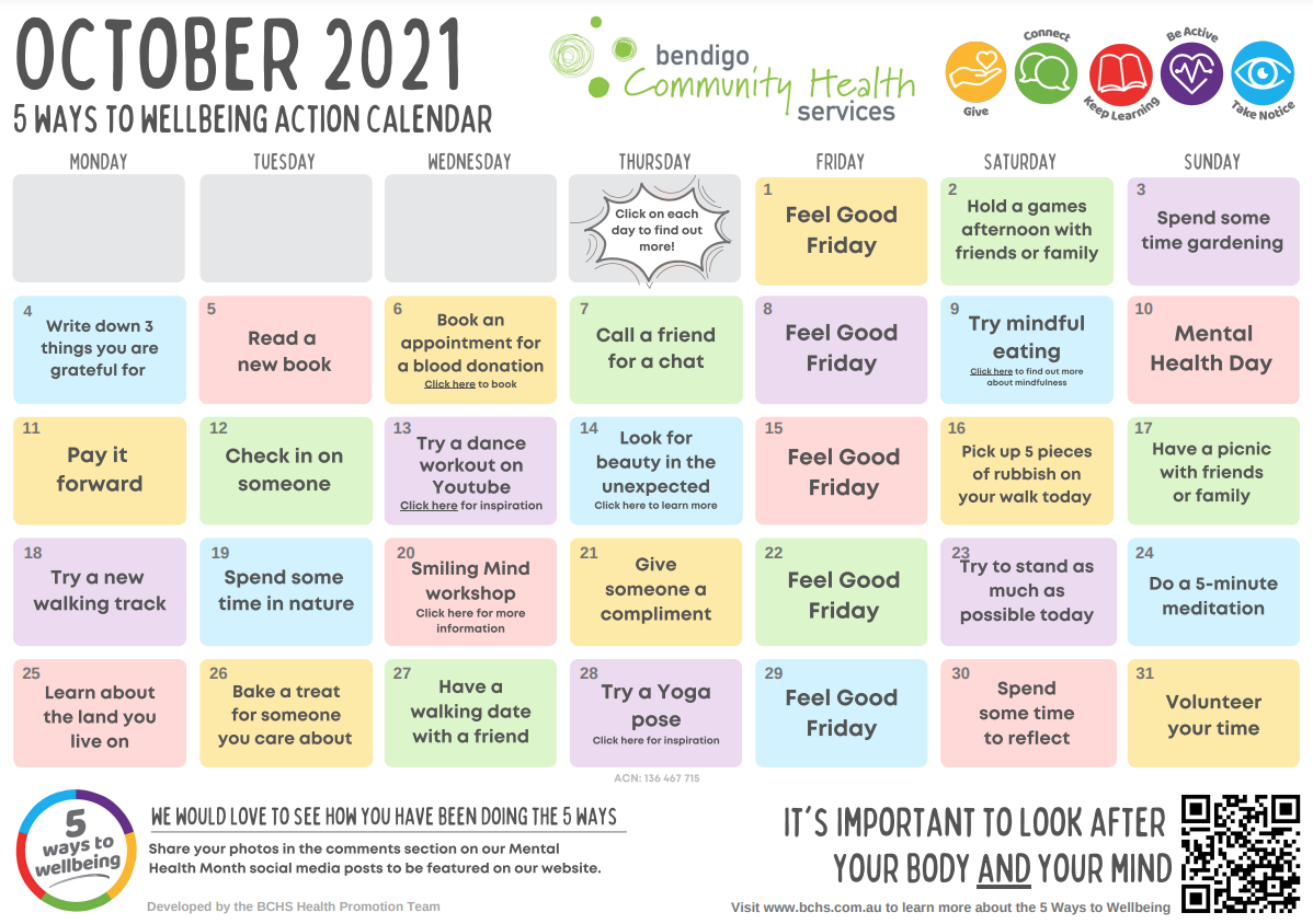 5 Ways to Wellbeing October Action Calendar for Mental Health Month